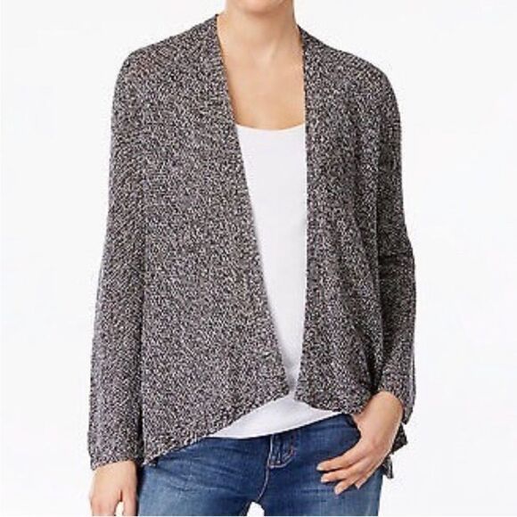 Eileen Fisher Organic Linen Knit open front sweater Cardigan gray/black-L - Picture 1 of 10